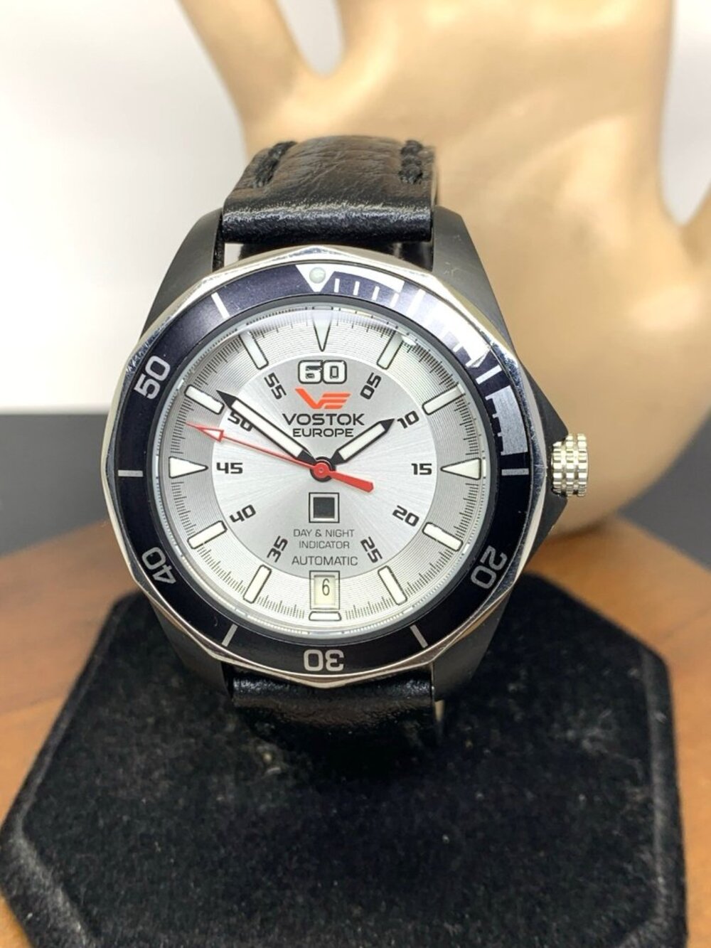 Vostok Men's Watch K3 Submarine Automatic Silver Dial Day & Night Leather 41mm